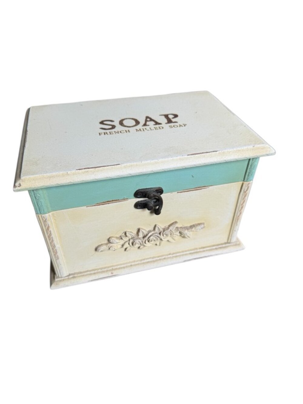 Vintage Soap Box with Latch Bathroom Home Decor Cream Green Decorative Display